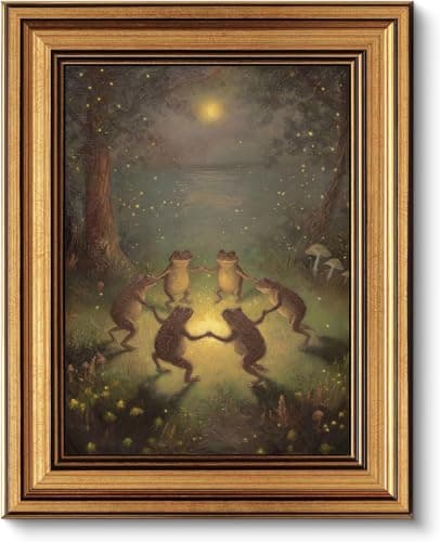 Gold Framed Wall Art, Vintage Whimsical Dancing Frogs Canvas Prints, Moonlight Woodland Animal Picture Wall Decor, Dark Academia Cottagecore Forest Artwork for Nursery Bedroom 12x16 inch - Image 1