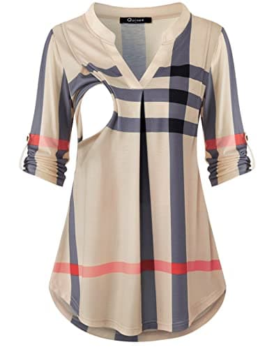 Quinee Breastfeeding Shirts for Women,Summer Nursing Tops for Breastfeeding 3/4 Sleeve Mama Shirts Hide Belly Maternity Nursing Tops Tees Pregnancy Blouses Office Wear Beige Plaid L - Image 1