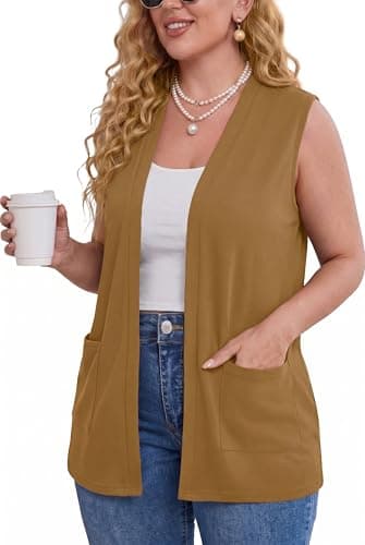 TIANZHU Women’s Plus Size Sweater Vest Sleeveless V Neck Cardigan Sweater with Pockets, Brown Camel, 4XL - Image 1