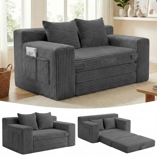 Boneless Loveseat Sleeper Sofa Bed: 3-in-1 Convertible Sofa Bed with Side Pockets & Handle,Pull Out Couch with 2 Pillows,Folding Futon for Small Space,Living Room & Bedroom,Corduroy Fabric,No Assembly - Image 1