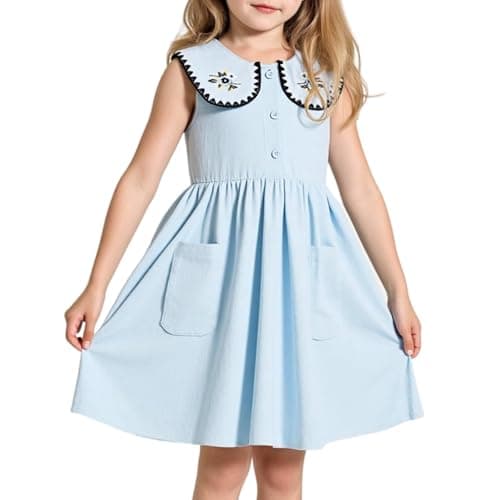 Little Bitty Girls Cotton Embroidered Peter Pan Collar Sleeveless Summer Party Birthday Sunshine A Line Dress Blue 4T - Image 1