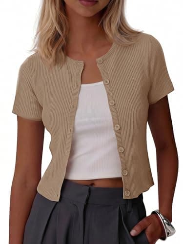 Imily Bela Women's Crewneck Short Sleeve T Shirts Summer Cardigan Ribbed Button Going Out Trendy Tops 2026 Khaki - Image 1