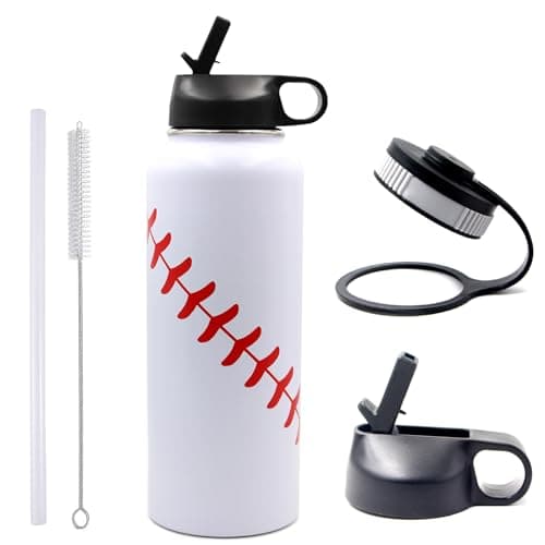 40 oz Baseball Water Bottle, Stainless Steel Vacuum Insulated Water Bottle with Straw and 2 Lids, Double Wall Leakproof Sports Flask, Baseball Gifts for Boys, Men, Mom, Coach