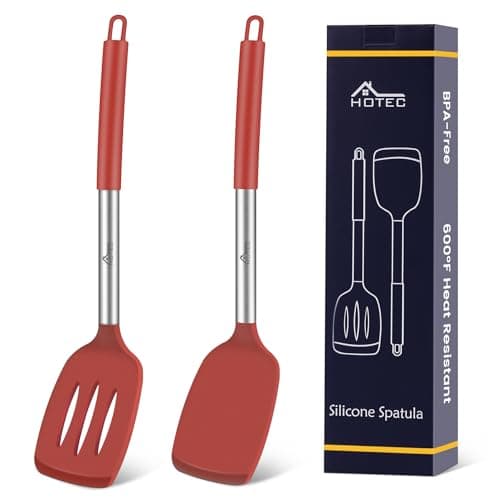 HOTEC Silicone Spatula Set of 2 Heat-Resistant 600°F & BPA-Free Kitchen SaptulaTurner with Stainless Steel Handles, Slotted & Solid Spatulas for Nonstick Cookware, 13.7 Inch, Red - Image 1