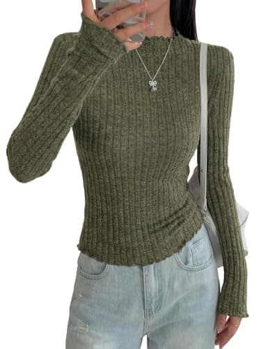 PRETTYGARDEN Long Sleeve Sweaters for Women Lightweight 2026 Fall Fashion Mock Neck Shirts Tight Tops Ladies Work Blouses (Army Green, XX-Large) - Image 1