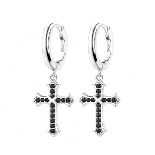 Silver Cross Earrings for Women Men - YOLYMODA Trendy Dainty Small Silver and Black Dangle Cross Hoop Earrings with CZ Charm, Chic Faith 925 Sterling Silver Post Religious Dangling Huggie Hoops - 1.16" Long - Image 1