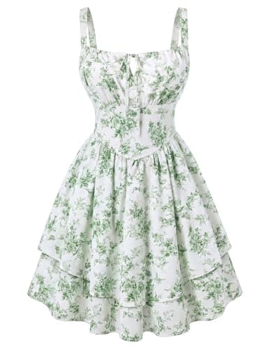 Scarlet Darkness Floral Mini Corset Dress for Women Teen 2026 Summer Spring Flowy A-Line Sundress with Pockets Bird Leaf Print L - Image 1