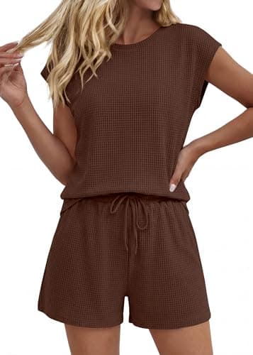 KIRUNDO Two Piece Sets For Women Summer 2026 Cap Sleeve Short Set Waffle Knit Matching Lounge Drawstring Vacation Outfits(Brown, Small) - Image 1