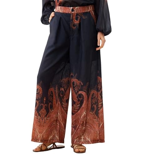 Women's 2026 Casual High Waist Button Wide Leg Loose Flowy Black Palazzo Print Lightweight Boho Vintage Ethnic Paisley Dress Pants with Pockets Bohemian Trousers for Summer Beach Vocation - Image 1