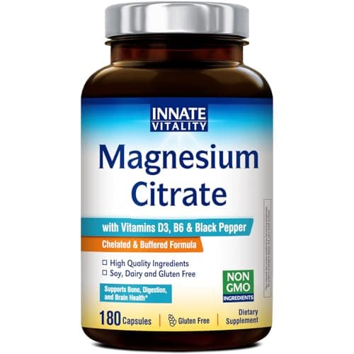 Innate Vitality Magnesium Citrate, Chelated Magnesium Supplement, w/Vitamin D3, B6, Black Pepper Extract, Enhanced Absorption, Digestion, Bone & Brain Support, 180 Capsules, No Gluten - Image 1