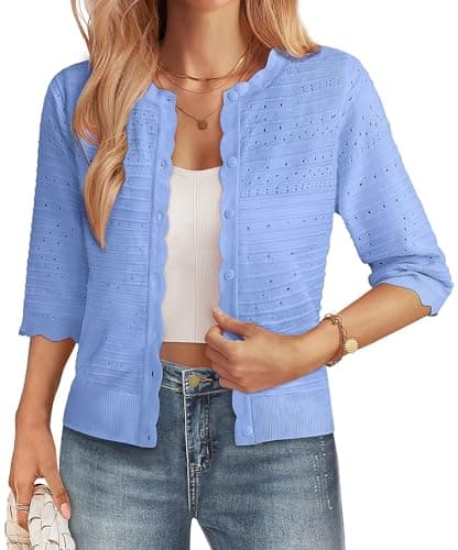 GRACE KARIN Womens Short Sleeve Cardigan Sweater Lightweight Cropped Cardigan Trendy Button Down Boho Bolero Shrugs Dress Blue - Image 1