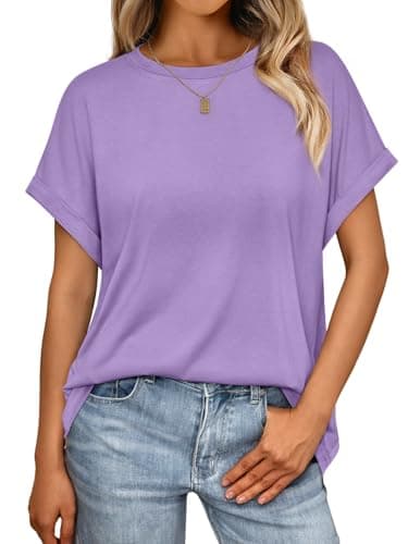 AUTOMET Women's Oversized Short Sleeve T Shirts Casual Drop Shoulder Rolled Cuff Summer Tops for Work, Travel and Lounge Lavender M - Image 1