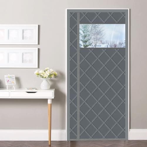 Magnetic Thermal Insulated Door Curtain, 28 x 82 Inch Winter Door Cover Curtain Size 32 x 84 Waterproof Thick Insulation Blanket with Visible Window Side Opening Gray