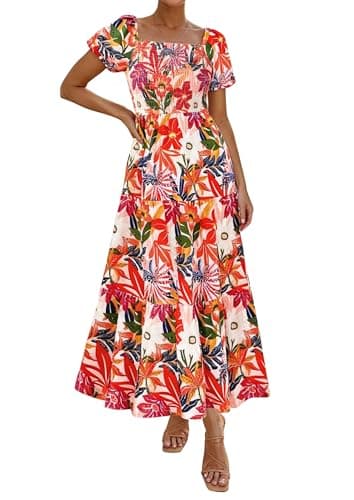 PRETTYGARDEN Womens Summer Puff Short Sleeve Maxi Dress Square Neck Smocked Tiered Ruffle A Line Long Flowy Beach Dresses (Floral Pink Orange,X-Large) - Image 1