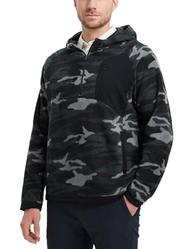 M MAELREG Mens Quarter Zip Hoodie Heavyweight Microfleece Warm Casual Hooded Golf Quarter Zip Fleece Hoodie Men Black Camo - Image 1