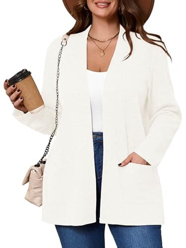 AusLook Women's Plus Size Lightweight Open Front Cardigan Beige 1X Causal Long Sleeve Sweater Cover Ups Jacket Shrugs Tops Shawls and Wraps Kimono - Image 1