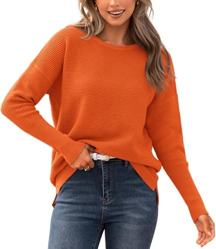 BTFBM Casual Women 2026 Fall Sweater Long Sleeve Ribbed Knit Pullover Loose Crewneck Batwing Split Sweater(Orange,Medium) - Image 1