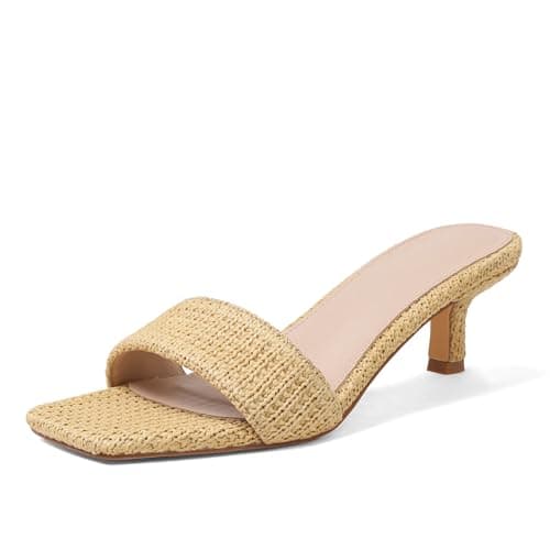 Ancomafio Kitten Heel Sandals Raffia Low Heels 2 Inch Square Open Toe Sandals for Women Slip on Summer Vacation Casual Shoes Neutral Size 6 - Image 1