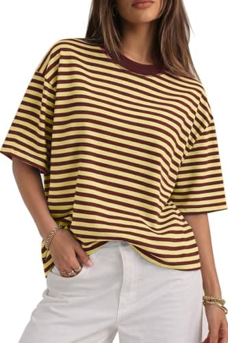 CHYRII Womens Oversized Striped T Shirts Short Sleeve Fashion 2026 Casual Summer Y2K Tops (Yellow+Ancora Red M) - Image 1