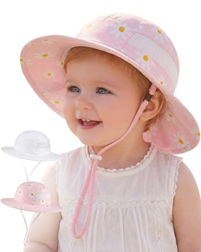 Sun Hat for Baby Boys Girls Toddler and Kids UPF 50+ with Bucket Wide Brim Summer (US, Age, 2 Years, 8 Years, White + Pink&White Daisy) - Image 1