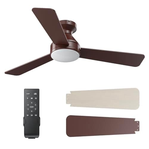 Ceiling Fans with Lights, 42 Inch Ceiling Fan with Light And Remote, 3CCT Flush Moun Low Profile Ceiling Fans, 6 Speed Noiseless LED Ceiling Fan, Advanced Brown Ceilings Fan for Bedroom Living Room - Image 1