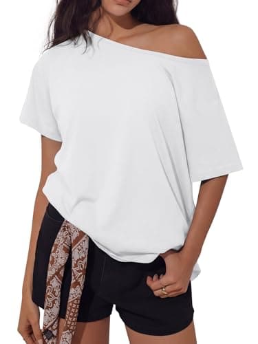 REORIA Women's Off The Shoulder Oversized T Shirts Short Sleeve 2026 Summer Basic Tees for Going Out Loose Fit Casual Daily Wear White Large - Image 1