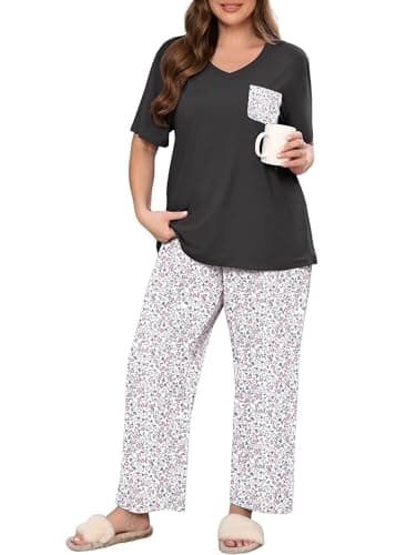 AusLook Plus Women Pajamas Set 2 Piece Lounge Sets Short Sleeve Top and Full Length Pant Chest Pocket Matching Maternity Christmas Print Ditsy Floral 5X Pjs Loungewear Sleepwear - Image 1