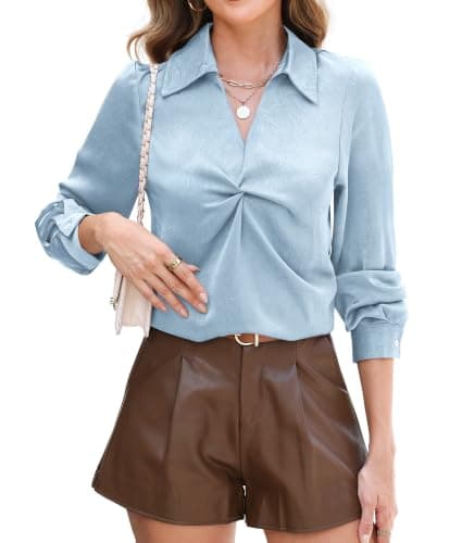 RUMIA Longsleeve Satin Silk Fall Blouses Shirt for Women Business Work Top Lightblue - Image 1