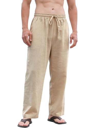 Bgylu Men's Cotton Linen Pants Casual Relaxed Fit Drawstring Waist Summer Beach Lightweight Trousers Khaki - Image 1