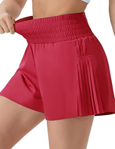 THE GYM PEOPLE Women's High Waist Workout Shorts Side Pleated Athletic Running Shorts with Mesh Liner Zip Pocket Magenta - Image 1