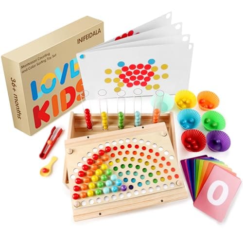 INIFEIDALA Montessori Toddler Learning Sorting Toys for 3-6 Year Olds - Rainbow Stacking, Number & Bead Matching Games with Wooden Peg Board, Develop Fine Motor Skills, Color & Math Skills