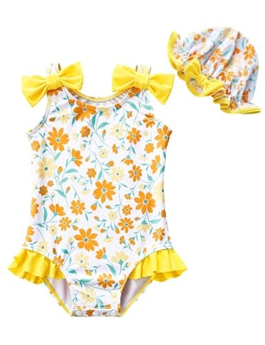 GEMLON Infant One Piece Swimsuit Girls with Hat Floral Printed Ruffled Bow Strap Beach Swimwear 12 Month Swimsuit for Girls - Image 1