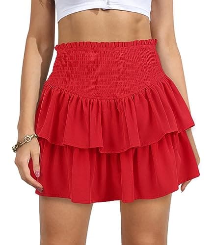 Vigorics Red Skirt High Waist Ruffle Pleated Tiered Layered Flowy Skorts for Women's Weddings and Romantic Occasions Red M - Image 1