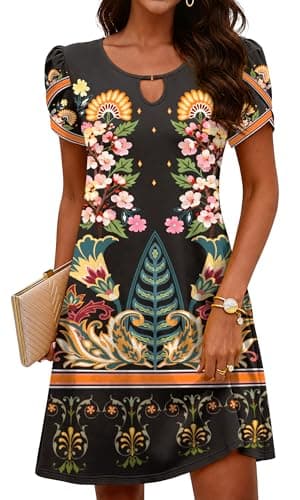 COSSEN Women's Summer Casual Tshirt Dress Yellow Boho Printed X-Large Crew Neck Short Sleeve with Pockets Flowy Loose Sundress - Image 1