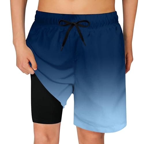 Cozople Boys Blue Swim Trunks Quick Dry UPF Boxer Brief Liner Swimwear Bathing Suits Summer Sports Surfing Beach Boardshorts Swimsuit with Inner Compression Shorts Lining - Image 1
