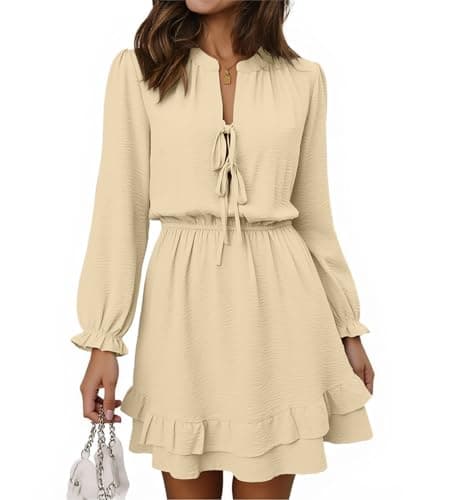 Angashion Women Tie Front Mini Dress: V Neck Long Sleeve Elastic Waistband Layer Ruffle Hem Dress with Pockets Apricot Small - Image 1