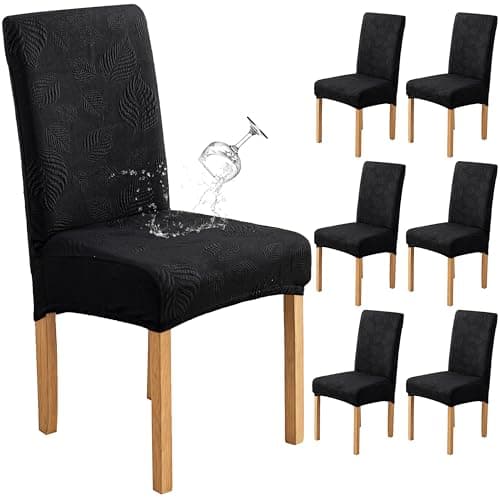 Genina Waterproof Dining Chair Covers Set of 6,Stretch Dining Room Chair Slipcovers with Leaf Jacquard,Removable Kitchen Chair Protector for Home,Restaurant,Banquet-Black,Large Size - Image 1