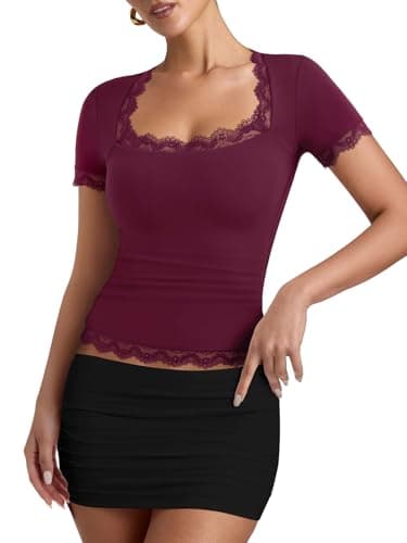 REORIA Womens Sexy Square Neck Short Sleeves T Shirts Lace Trim Casual Slim Fitted 2026 Summer Fashion Going Out Tops - Image 1