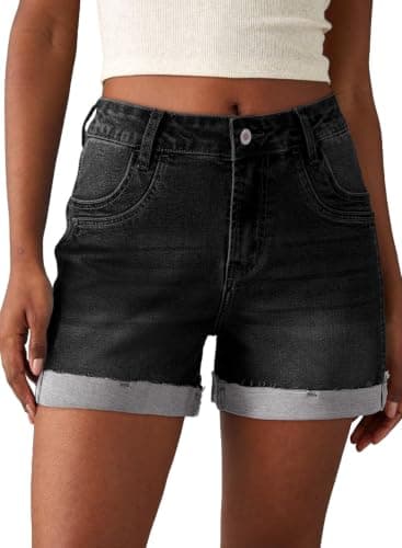 Sidefeel Womens Jean Shorts High Waisted Stretchy Folded Hem Trendy Patchwork Loose Fit Summer Causal Denim Shorts Black Size 18 - Image 1