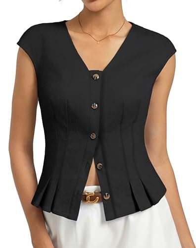 Kate Kasin Womens Button Down Crop Tops, Cap Sleeve Work Shirt, Slim Fit Cute Vest Trendy Black - Image 1
