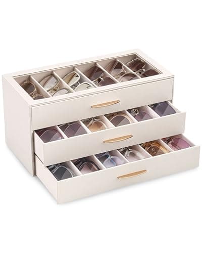 Lolalet 18 Slots Sunglasses Organizer Case for Women, 3-Layer Eyeglass Storage Holder Display Box with Clear Top Lid, Mothers Day Gifts -Cream - Image 1