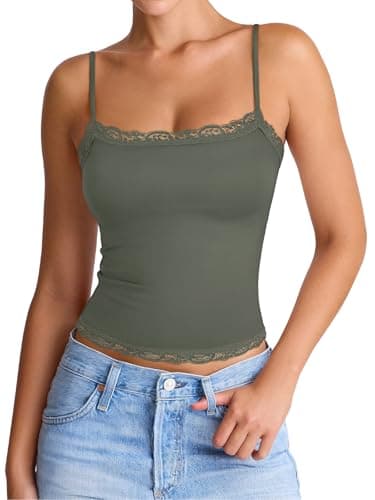 PINKMSTYLE Women's Adjustable Spaghetti Strap Lace Trim Cami Tunic Tank Top Basic Double Lined Sleeveless Tops Gray Green X-Small - Image 1