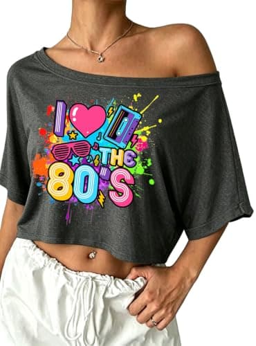 80s 90s Off Shoulder Crop Tops for Women Retro Disco Party Casual Tees - Image 1
