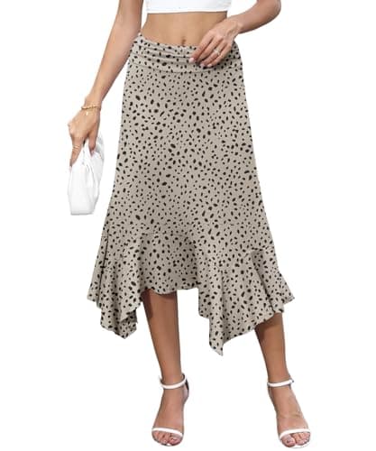 YSYOKOW Midi Skirts for Women Summer High Waisted Flowy A-Line with Asymmetrical Ruffle Hem Stretchy Casual Boho Skirt - Black Spots Brown, Small - Image 1