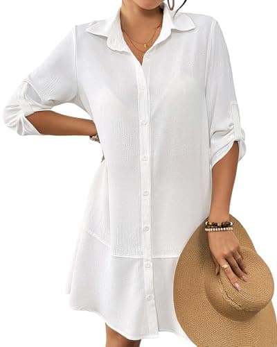 Bsubseach Swimsuit Coverup for Women Button Down Bathing Suit Cover Up Ruffle Hem Summer Beach Shirt Dresses with Pocket White L - Image 1