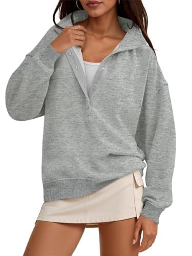 Fisoew Womens Oversized Sweatshirts Casual Long Sleeve Snap Button Henley Neck Loose Fit Fall Pullover Tops Grey - Image 1
