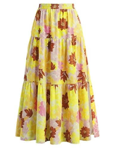 Kate Kasin Women's Boho Maxi Skirt, Floral Printed Flowy Long Skirts, Summer Beach Vacation Outfits with Pockets(Yellow Flower) - Image 1
