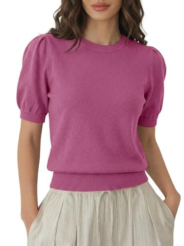 LaGracia Womens Cropped Sweater Puff Short Sleeve Spring Summer Work Tops Crew Neck Sweaters Bright Pink M - Image 1