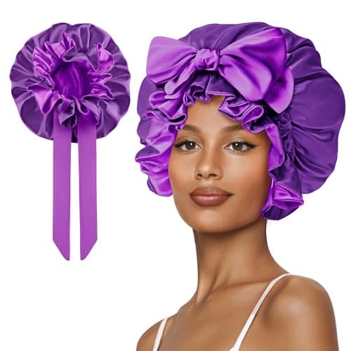 Vettres Cute Adjustable Silk Bonnet for Sleeping Double Layer Satin Cap Hair Sleep Bonnet for Curly Hair Purple - Image 1