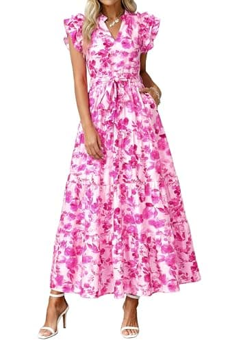 dowerme Women Summer Maxi Dresses 2026 Ruffle Sleeve V Neck Floral Boho Long Dress Belted Tiered Sundress with Pockets(Pink Flower,Large) - Image 1